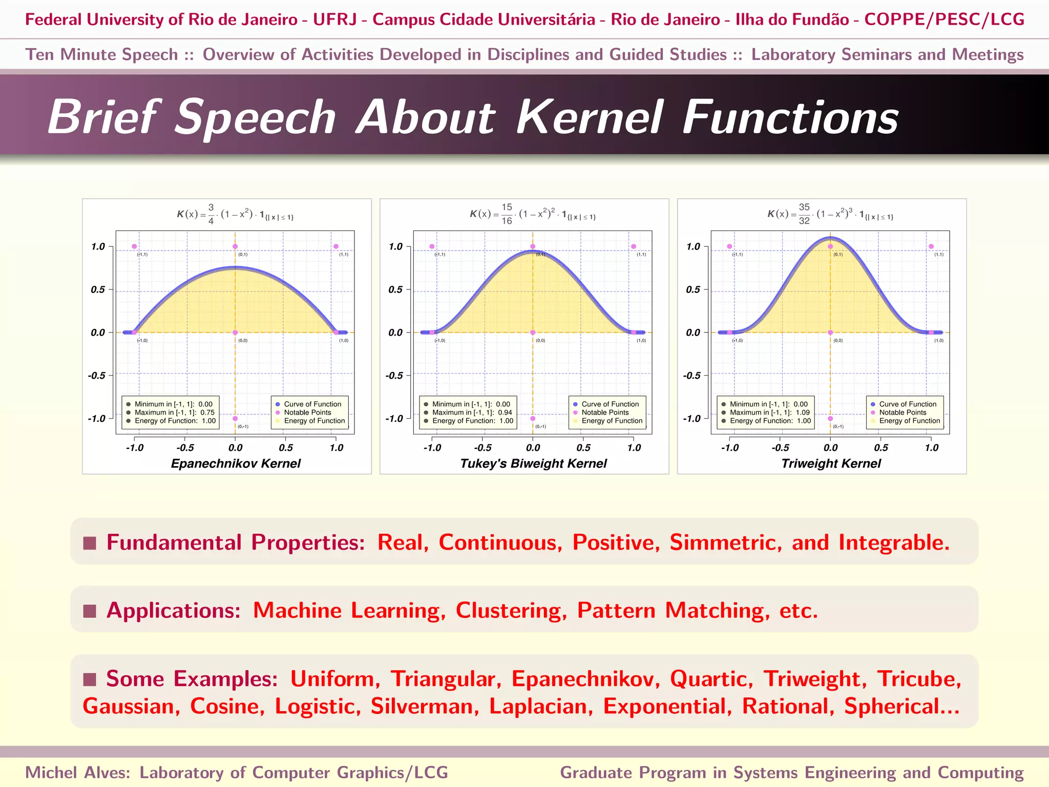 Federal University of Rio de Janeiro - UFRJ - Campus Cidade Universitária - Rio de Janeiro - Ilha do Fundão - COPPE/PESC/LCG
Ten Minute Speech :: Overview of Activities Developed in Disciplines and Guided Studies :: Laboratory Seminars and Meetings
Brief Speech About Kernel Functions
Fundamental Properties: Real, Continuous, Positive, Simmetric, and Integrable.
Applications: Machine Learning, Clustering, Pattern Matching, etc.
Some Examples: Uniform, Triangular, Epanechnikov, Quartic, Triweight, Tricube,
Gaussian, Cosine, Logistic, Silverman, Laplacian, Exponential, Rational, Spherical...
Michel Alves: Laboratory of Computer Graphics/LCG Graduate Program in Systems Engineering and Computing
 