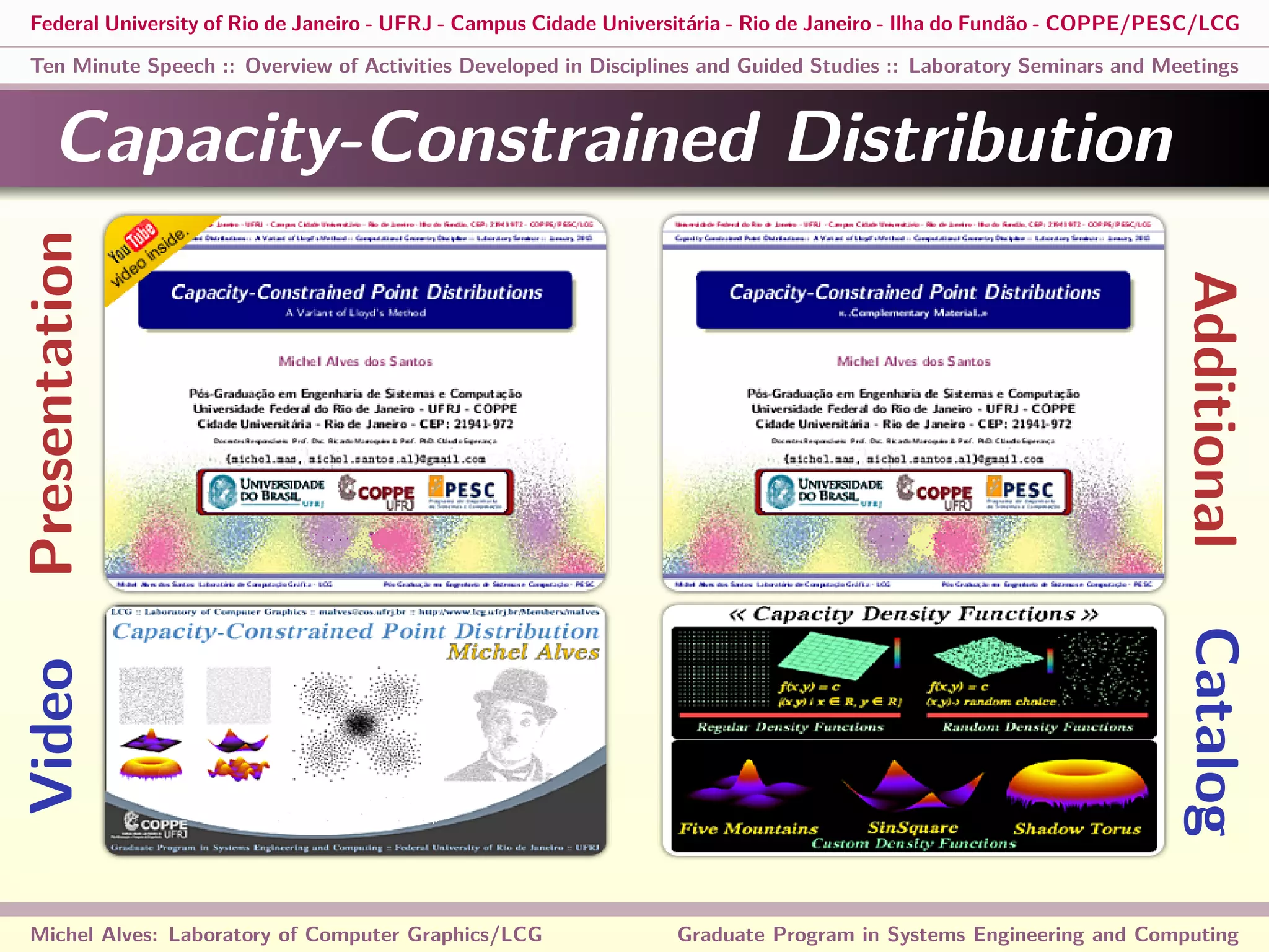 Federal University of Rio de Janeiro - UFRJ - Campus Cidade Universitária - Rio de Janeiro - Ilha do Fundão - COPPE/PESC/LCG
Ten Minute Speech :: Overview of Activities Developed in Disciplines and Guided Studies :: Laboratory Seminars and Meetings
Capacity-Constrained Distribution
Michel Alves: Laboratory of Computer Graphics/LCG Graduate Program in Systems Engineering and Computing
PresentationVideo
CatalogAdditional
 