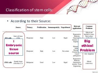 Classification of stem cells:
• According to their Source:
1
Embryonic
tissue
source
Big
ethical
Problem
 