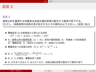仮説 仮説 2
仮説 2
仮説 2
選挙公約を重視する有権者は地域主義的投票行動を行う確率が低下する。
(ただし、候補者間の政策の差が拡大するとその傾向はより大きい。(仮説 2b))
覇権政党 D の候補者から得られる効用
：V D
i = (1 ` ıi )UD + ıi (PD ` „i )2
ı：選挙公約の重視程度; (1 ` ı)：政党の重視程度; „i ：有権者 i の政策選好;
D：覇権政党; U：政党からの効用; P：政策からの効用;
覇権政党への投票の条件：0 < V D
i ` V :D
i + ›i
 
„i <
(1`ı)(UD `U:D )
2ı(PD `P:D )
+
(PD +P:D )
2
+ ›i = ﬁi
„i < ﬁi の場合、覇権政党へ投票
ıi が大きくなると ﬁi は小さくなり、地域主義的投票行動を行う確率が低下
宋財泫 (神戸大学) STP 報告会 2015 年 3 月 5 日 (木) 8 / 23
 