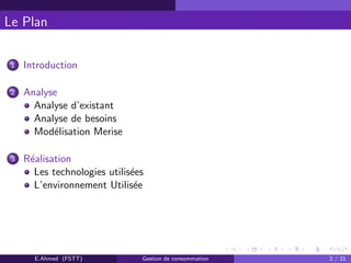 Le Plan
1 Introduction
2 Analyse
Analyse d’existant
Analyse de besoins
Mod´elisation Merise
3 R´ealisation
Les technologies utilis´ees
L’environnement Utilis´ee
E.Ahmed (FSTT) Gestion de consommation 2 / 21
 