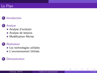 Le Plan
1 Introduction
2 Analyse
Analyse d’existant
Analyse de besoins
Mod´elisation Merise
3 R´ealisation
Les technologies utilis´ees
L’environnement Utilis´ee
4 D´emonstration
E.Ahmed (FSTT) Gestion de consommation 2 / 21
 