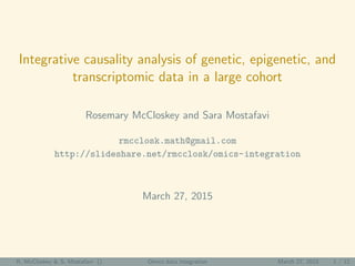 Integrative causality analysis of genetic, epigenetic, and
transcriptomic data in a large cohort
Rosemary McCloskey and Sara Mostafavi
rmcclosk.math@gmail.com
http://slideshare.net/rmcclosk/omics-integration
March 27, 2015
R. McCloskey & S. Mostafavi () Omics data integration March 27, 2015 1 / 12
 