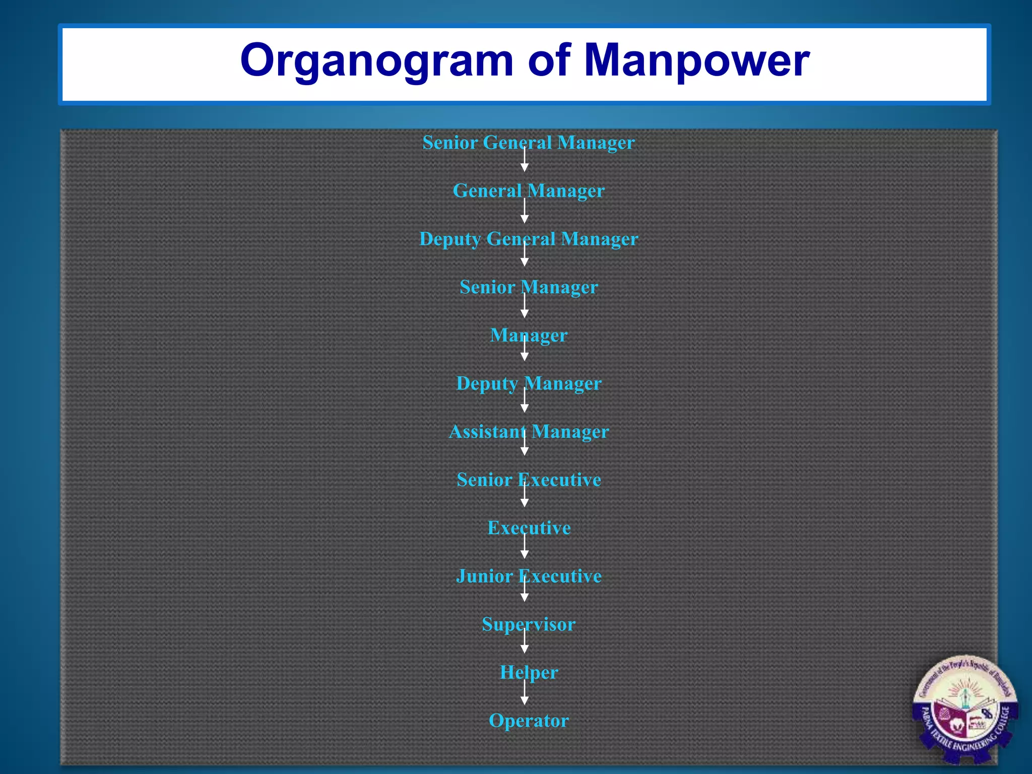 Organogram of Manpower
Senior General Manager
General Manager
Deputy General Manager
Senior Manager
Manager
Deputy Manager
Assistant Manager
Senior Executive
Executive
Junior Executive
Supervisor
Helper
Operator
 