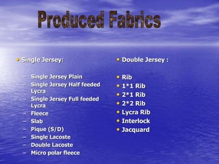 • Single Jersey:
– Single Jersey Plain
– Single Jersey Half feeded
Lycra
– Single Jersey Full feeded
Lycra
– Fleece
– Slab
– Pique (S/D)
– Single Lacoste
– Double Lacoste
– Micro polar fleece
• Double Jersey :
• Rib
• 1*1 Rib
• 2*1 Rib
• 2*2 Rib
• Lycra Rib
• Interlock
• Jacquard
 