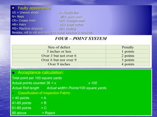 • Faulty appearance:
US = Uneven shade N= Needle line
N= Neps BR= Barre mark
CR= Crease mark CM= Crumple mark
HR= Hairy DC= Dead cotton
MS= Machine stoppage BW= Bowing
Besides, roll to roll and meter to meter variation is checked.
 Acceptance calculation:
Total point per 100 square yards
Actual points counted 36 = x x 100
Actual Roll length Actual width= Points/100 square yards.
 Classification of Inspection Fabric:
< 40 points = A
41-60 points = B
61-80 points = C
80 above = Reject
 