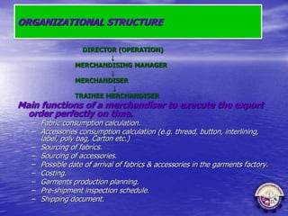 ORGANIZATIONAL STRUCTURE
DIRECTOR (OPERATION)
↓
MERCHANDISING MANAGER
↓
MERCHANDISER
↓
TRAINEE MERCHANDISER
Main functions of a merchandiser to execute the export
order perfectly on time.
– Fabric consumption calculation.
– Accessories consumption calculation (e.g. thread, button, interlining,
label, poly bag, Carton etc.)
– Sourcing of fabrics.
– Sourcing of accessories.
– Possible date of arrival of fabrics & accessories in the garments factory.
– Costing.
– Garments production planning.
– Pre-shipment inspection schedule.
– Shipping document.
 