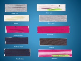 Thick & Thin Color spot
Oil sport Lycra spot
Heat set problem Star mark
Softener mark
Pin hole
Needle drop Color mark
 