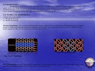 4.1 KNITTING:
Knitting is defined as the construction of fabric by interlocking loops of a single
yarn with the help of hooked needles. Knitting is the method of creating fabric by
transforming continuous strands of yarn into a series of interlocking loops, each raw of
such loops hanging from the one immediately preceding it.
4.2 TYPES OF KNITTING:
There are two types
1. Warp Knitting.
2. Weft Knitting.
Warp Knitting: In a warp knitted structure, each loop in the horizontal direction is made
from a different thread and the number of threads are used to produce such a fabric is at
least equal to the no of loops in a horizontal row.
Fig: Warp Knitting
Fig: Weft Knitting
Weft Knitting: In a weft knitted structure, a horizontal row f loop can be made using one
thread and the threads run in the horizontal direction.
 
