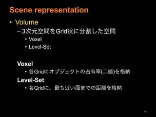 Scene representation
?? Volume
C?3ԪgGrid״˷ָg
?? Voxel
?? Level-Set
Voxel
?? Grid˥֥Ȥռ(){
Level-Set
?? GridˡޤǤξx{
11
 