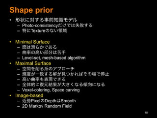 Shape prior
?? ״ˌǰ֪Rǥ
C? Photo-consistencyǤʧ
C? ؤTextureΤʤI
?? Minimal Surface
C? ϻ餫Ǥ
C? ʤθߤ֤Ͽ
C? Level-set, mesh-based algorithm
?? Maximal Surface
C? gϵΥץ`
C? xȤһ¤⤬ҊĤФΈֹͣ
C? ߤʤFǤ
C? ȫĤˏԪY󤭤ʤAˤʤ
C? Voxel-coloring, Space carving
?? Image-based
C? PixelDepthSmooth
C? 2D Markov Random Field
18
 