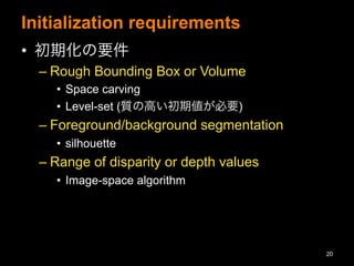 Initialization requirements
?? ڻҪ
C?Rough Bounding Box or Volume
?? Space carving
?? Level-set (|θߤڂҪ)
C?Foreground/background segmentation
?? silhouette
C?Range of disparity or depth values
?? Image-space algorithm
20
 