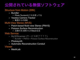 _Ƥoեȥ
Structure from Motion (SfM)
C? Bundler
?? Photo TourismϤʹäƤ
C? Voodoo Camera Tracker
?? ӻSfM
Multi-View Stereo (MVS)
C? Patch-based Multi-view Stereo (PMVS)
C? Poisson Surface Reconstruction
?? ȺMesh
Web Service
C? My3DScanner (`ӥKˣ)
?? Bundler + PMVS + Poisson Surface Reconstruction
C? Photosynth
C? Automatic Reconstruction Conduit
Viewer
C? MeshLab
28
 