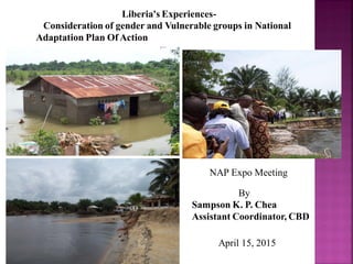 Liberia's Experiences-
Consideration of gender and Vulnerable groups in National
Adaptation Plan Of Action
NAP Expo Meeting
April 15, 2015
By
Sampson K. P. Chea
Assistant Coordinator, CBD
 