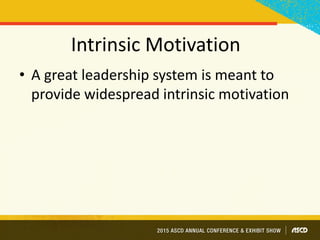 Intrinsic Motivation
• A great leadership system is meant to
provide widespread intrinsic motivation
 
