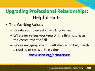Upgrading Professional Relationships:
Helpful Hints
• The Working Values
– Create your own set of working values
– Whatever values you keep on the list must have
the commitment of all
– Before engaging in a difficult discussion begin with
a reading of the working values
www.ascd.org/achandouts
 