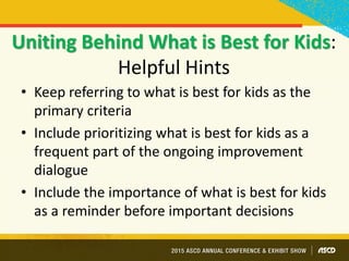 Uniting Behind What is Best for Kids:
Helpful Hints
• Keep referring to what is best for kids as the
primary criteria
• Include prioritizing what is best for kids as a
frequent part of the ongoing improvement
dialogue
• Include the importance of what is best for kids
as a reminder before important decisions
 