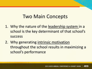 Two Main Concepts
1. Why the nature of the leadership system in a
school is the key determinant of that school’s
success
2. Why generating intrinsic motivation
throughout the school results in maximizing a
school’s performance
 