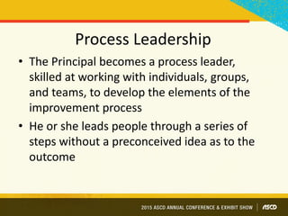 Process Leadership
• The Principal becomes a process leader,
skilled at working with individuals, groups,
and teams, to develop the elements of the
improvement process
• He or she leads people through a series of
steps without a preconceived idea as to the
outcome
 