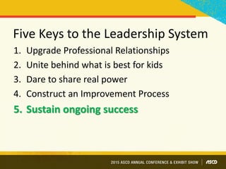 Five Keys to the Leadership System
1. Upgrade Professional Relationships
2. Unite behind what is best for kids
3. Dare to share real power
4. Construct an Improvement Process
5. Sustain ongoing success
 