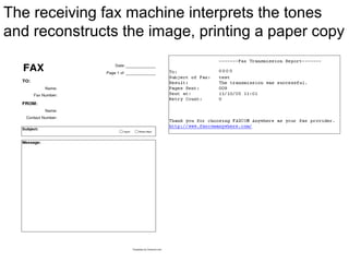 The receiving fax machine interprets the tones
and reconstructs the image, printing a paper copy
.
 