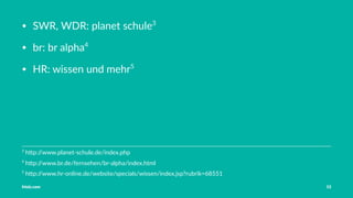 Vorstellung Einführung Medienrecht in der Schule Häuﬁge Fehler OER OER-Quellen Fazit
Funk- und Fernsehsendungen
§53 Abs. 2 Nr. 3 UrhG
zur "Unterrichtung über Tagesfragen"
wenn Thema nicht mehr aktuell ⇒ Erlaubnis erlischt
Tobias Frischholz CC BY-SA 4.0
Medienrecht und Open Educational Resources (OER)
 