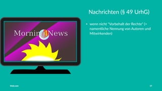 Vorstellung Einführung Medienrecht in der Schule Häuﬁge Fehler OER OER-Quellen Fazit
Fotokopien
max. 10%, nicht mehr als 20 Seiten
gilt für alle Werke
kleine Werke dürfen vollständig kopiert werden
Musikedition mit max. 6 Seiten
Printmedien (außer Schulbücher, Unterrichtsmaterial)
mit max. 25 Seiten
Alle Bilder, Fotos, Abbildungen
Tobias Frischholz CC BY-SA 4.0
Medienrecht und Open Educational Resources (OER)
 