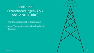 Vorstellung Einführung Medienrecht in der Schule Häuﬁge Fehler OER OER-Quellen Fazit
Digitale Kopien1
Printmedien ab 2005
Regeln siehe Fotokopien
Scans können digital an Schüler weitergegeben werden
Ausdrucken und Verteilen an Schüler möglich
Wiedergabe über Beamer, Computer, IWBs
Abspeichern auf Speichermedien erlaubt (Zugriﬀ Dritter
muss verhindert werden)
1
Gilt seit 01.01.2013
Tobias Frischholz CC BY-SA 4.0
Medienrecht und Open Educational Resources (OER)
 