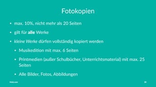 Vorstellung Einführung Medienrecht in der Schule Häuﬁge Fehler OER OER-Quellen Fazit
Musiknutzung bei Schulveranstaltungen
§52 Abs. 1 UrhG
Veranstalter muss Schule sein
Ort der Veranstaltung ist Schulgebäude oder kostenlos
zur Verfügung gestellter Raum
"Soziale und erzieherische" Zweckbestimmung
Einladung der Teilnehmer muss vorliegen
Keine schulfremden Personen
Kein ﬁnanzieller Pﬂichtbeitrag
Ausübende Künstler dürfen keine Vergütung erhalten
Nur Musik, keine Filme!
Tobias Frischholz CC BY-SA 4.0
Medienrecht und Open Educational Resources (OER)
 