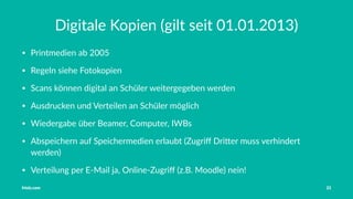 Vorstellung Einführung Medienrecht in der Schule Häuﬁge Fehler OER OER-Quellen Fazit
Falls einer der Punkte nicht vorliegt
Pauschalvertrag zwischen GEMA und Bundesvereinigung
der kommunalen Spitzenverbände
Sachaufwandsträger muss Vertrag beigetreten sein
Jahrespauschale von 0,10 € je Vollzeit- und 0,03 € je
Teilzeitschüler
Kein Eintrittsgeld von mehr als 2,60 €
Ausübende Künstler erhalten kein Honorar
Tobias Frischholz CC BY-SA 4.0
Medienrecht und Open Educational Resources (OER)
 