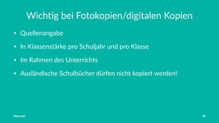 Vorstellung Einführung Medienrecht in der Schule Häuﬁge Fehler OER OER-Quellen Fazit
Filmmaterial
darf nur im Klassenverband gezeigt werden (= nicht
öﬀentlich)
gilt auch bei entliehenen Filmen
im Fernsehen aufgezeichnete Filme dürfen nicht gezeigt
werden
Tobias Frischholz CC BY-SA 4.0
Medienrecht und Open Educational Resources (OER)
 