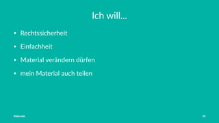 Vorstellung Einführung Medienrecht in der Schule Häuﬁge Fehler OER OER-Quellen Fazit
Ein kurzer Überblick über Creative Commons
https://www.youtube.com/watch?v=8A0CgS66iE0
Tobias Frischholz CC BY-SA 4.0
Medienrecht und Open Educational Resources (OER)
 