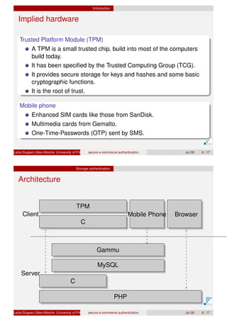 Introduction
Implied hardware
Trusted Platform Module (TPM)
A TPM is a small trusted chip, build into most of the computers
build today.
It has been speciﬁed by the Trusted Computing Group (TCG).
It provides secure storage for keys and hashes and some basic
cryptographic functions.
It is the root of trust.
Mobile phone
Enhanced SIM cards like those from SanDisk.
Multimedia cards from Gemalto.
One-Time-Passwords (OTP) sent by SMS.
Latze,Ruppen,Ultes-Nitsche (University of Fribourg)secure e-commerce authentication Jul 09 6 / 17
Stronger authentication
Architecture
PHP
C
MySQL
Gammu
C
TPM
Mobile Phone BrowserClient
Server
Latze,Ruppen,Ultes-Nitsche (University of Fribourg)secure e-commerce authentication Jul 09 8 / 17
 