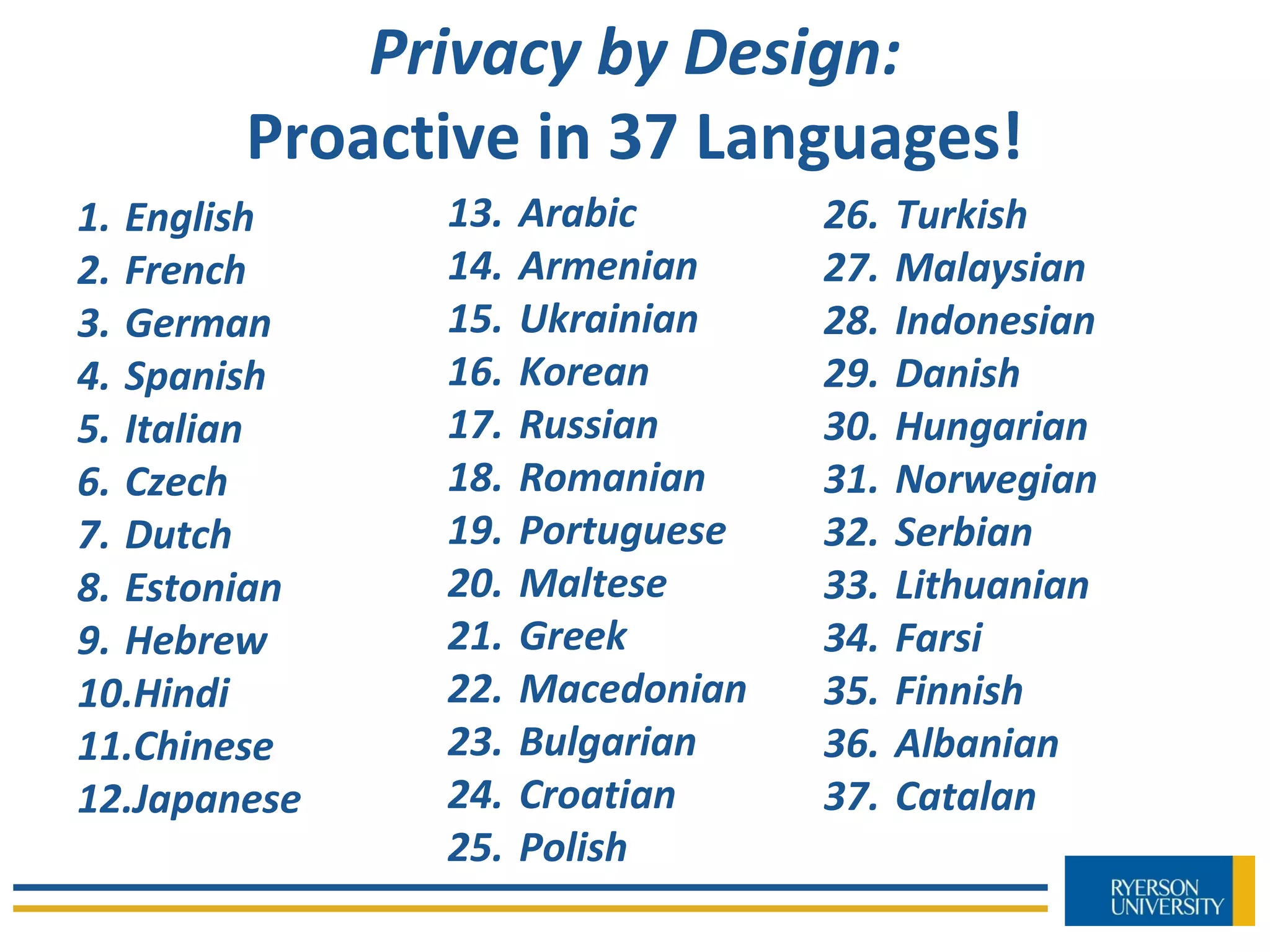1. English
2. French
3. German
4. Spanish
5. Italian
6. Czech
7. Dutch
8. Estonian
9. Hebrew
10.Hindi
11.Chinese
12.Japanese
13. Arabic
14. Armenian
15. Ukrainian
16. Korean
17. Russian
18. Romanian
19. Portuguese
20. Maltese
21. Greek
22. Macedonian
23. Bulgarian
24. Croatian
25. Polish
26. Turkish
27. Malaysian
28. Indonesian
29. Danish
30. Hungarian
31. Norwegian
32. Serbian
33. Lithuanian
34. Farsi
35. Finnish
36. Albanian
37. Catalan
Privacy by Design:
Proactive in 37 Languages!
 