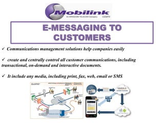  Communications management solutions help companies easily
 create and centrally control all customer communications, including
transactional, on-demand and interactive documents.
 It include any media, including print, fax, web, email or SMS
.
 