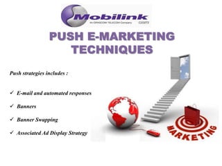 Push strategies includes :
 E-mail and automated responses
 Banners
 Banner Swapping
 Associated Ad Display Strategy
 