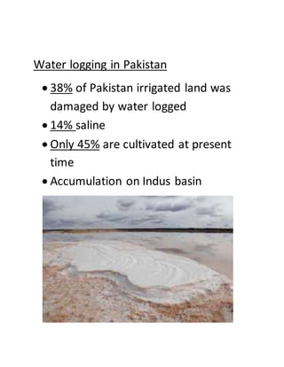 Water logging in Pakistan
 38% of Pakistan irrigated land was
damaged by water logged
 14% saline
 Only 45% are cultivated at present
time
 Accumulation on Indus basin
 
