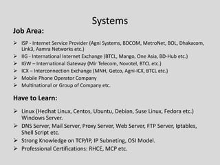 Systems
Job Area:
 ISP - Internet Service Provider (Agni Systems, BDCOM, MetroNet, BOL, Dhakacom,
Link3, Aamra Networks etc.)
 IIG - International Internet Exchange (BTCL, Mango, One Asia, BD-Hub etc.)
 IGW – International Gateway (Mir Telecom, Novotel, BTCL etc.)
 ICX – Interconnection Exchange (MNH, Getco, Agni-ICX, BTCL etc.)
 Mobile Phone Operator Company
 Multinational or Group of Company etc.
Have to Learn:
 Linux (Hedhat Linux, Centos, Ubuntu, Debian, Suse Linux, Fedora etc.)
Windows Server.
 DNS Server, Mail Server, Proxy Server, Web Server, FTP Server, Iptables,
Shell Script etc.
 Strong Knowledge on TCP/IP, IP Subneting, OSI Model.
 Professional Certifications: RHCE, MCP etc.
 