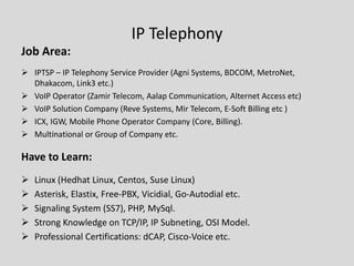 IP Telephony
Job Area:
 IPTSP – IP Telephony Service Provider (Agni Systems, BDCOM, MetroNet,
Dhakacom, Link3 etc.)
 VoIP Operator (Zamir Telecom, Aalap Communication, Alternet Access etc)
 VoIP Solution Company (Reve Systems, Mir Telecom, E-Soft Billing etc )
 ICX, IGW, Mobile Phone Operator Company (Core, Billing).
 Multinational or Group of Company etc.
Have to Learn:
 Linux (Hedhat Linux, Centos, Suse Linux)
 Asterisk, Elastix, Free-PBX, Vicidial, Go-Autodial etc.
 Signaling System (SS7), PHP, MySql.
 Strong Knowledge on TCP/IP, IP Subneting, OSI Model.
 Professional Certifications: dCAP, Cisco-Voice etc.
 