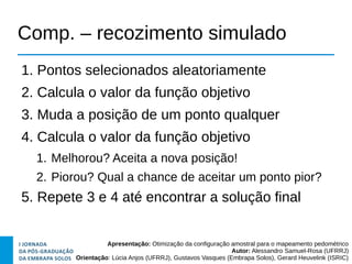 Apresentação: Otimização da configuração amostral para o mapeamento pedométrico
Autor: Alessandro Samuel-Rosa (UFRRJ)
Orientação: Lúcia Anjos (UFRRJ), Gustavos Vasques (Embrapa Solos), Gerard Heuvelink (ISRIC)
Comp. – recozimento simulado
1. Pontos selecionados aleatoriamente
2. Calcula o valor da função objetivo
3. Muda a posição de um ponto qualquer
4. Calcula o valor da função objetivo
1. Melhorou? Aceita a nova posição!
2. Piorou? Qual a chance de aceitar um ponto pior?
5. Repete 3 e 4 até encontrar a solução final
 