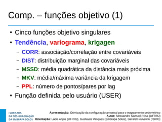 Apresentação: Otimização da configuração amostral para o mapeamento pedométrico
Autor: Alessandro Samuel-Rosa (UFRRJ)
Orientação: Lúcia Anjos (UFRRJ), Gustavos Vasques (Embrapa Solos), Gerard Heuvelink (ISRIC)
Comp. – funções objetivo (1)
● Cinco funções objetivo singulares
● Tendência, variograma, krigagen
– CORR: associação/correlação entre covariáveis
– DIST: distribuição marginal das covariáveis
– MSSD: média quadrática da distância mais próxima
– MKV: média/máxima variância da krigagem
– PPL: número de pontos/pares por lag
● Função definida pelo usuário (USER)
 