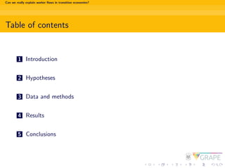 Can we really explain worker ﬂows in transition economies?
Table of contents
1 Introduction
2 Hypotheses
3 Data and method...