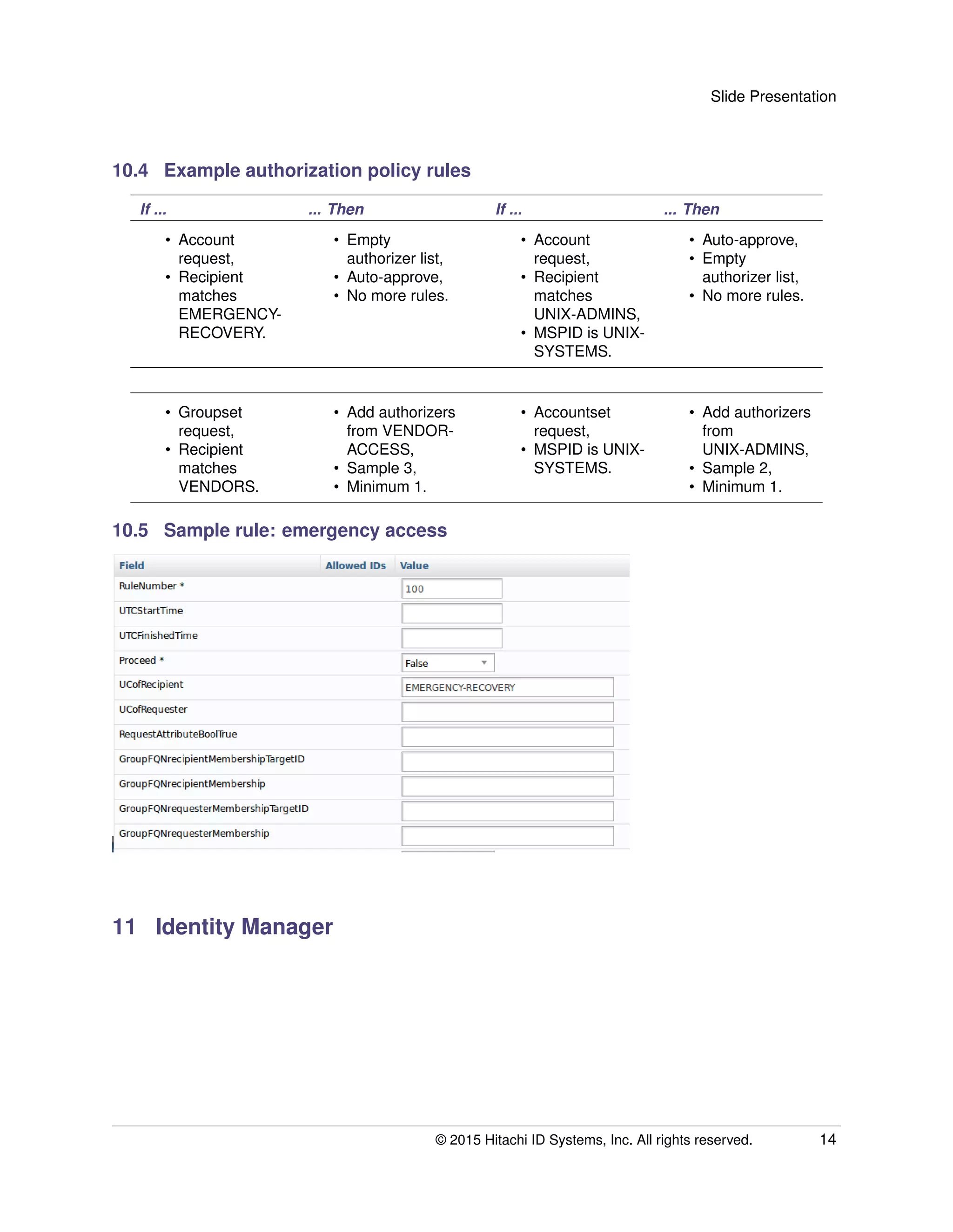 Slide Presentation
10.4 Example authorization policy rules
If ... ... Then If ... ... Then
• Account
request,
• Recipient
matches
EMERGENCY-
RECOVERY.
• Empty
authorizer list,
• Auto-approve,
• No more rules.
• Account
request,
• Recipient
matches
UNIX-ADMINS,
• MSPID is UNIX-
SYSTEMS.
• Auto-approve,
• Empty
authorizer list,
• No more rules.
• Groupset
request,
• Recipient
matches
VENDORS.
• Add authorizers
from VENDOR-
ACCESS,
• Sample 3,
• Minimum 1.
• Accountset
request,
• MSPID is UNIX-
SYSTEMS.
• Add authorizers
from
UNIX-ADMINS,
• Sample 2,
• Minimum 1.
10.5 Sample rule: emergency access
11 Identity Manager
© 2015 Hitachi ID Systems, Inc. All rights reserved. 14
 