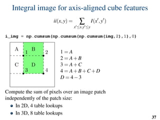 Integral image for axis-aligned cube features
ii(x,y) = ∑
x ≤x,y ≤y
I(x ,y )
i_img = np.cumsum(np.cumsum(np.cumsum(img,2),1),0)
1 2
3 4
A B
C D
1 = A
2 = A+B
3 = A+C
4 = A+B+C +D
D = 4−3−2+1
Compute the sum of pixels over an image patch
independently of the patch size:
In 2D, 4 table lookups
In 3D, 8 table lookups
37
 