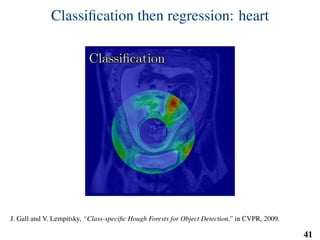 Classiﬁcation then regression: heart
ClassiﬁcationClassiﬁcation
J. Gall and V. Lempitsky, “Class-speciﬁc Hough Forests for Object Detection,” in CVPR, 2009.
41
 