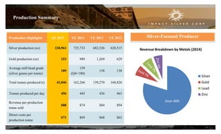 Production Summary
Production Highlights Q1 2015 YE 2014 YE 2013 YE 2012
Silver production (oz) 220,961 725,733 682,526 620,515
Gold production (oz) 153 989 1,269 629
Average mill head grade
(silver grams per tonne)
189
159
(Q4=180)
158 138
Total tonnes produced (t) 41,046 162,266 159,270 168,826
Tonnes produced per day 456 445 436 463
Revenue per production
tonne sold
$88 $74 $84 $94
Direct costs per
production tonne
$71 $69 $68 $62
18
Silver-Focused Producer
Revenue Breakdown by Metals (2014)
Silver
Gold
Lead
Zinc
Silver 80%
 