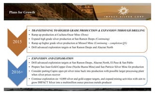 2015
• TRANSITIONING TO HIGHER GRADE PRODUCTION & EXPANSION THROUGH DRILLING
• Ramp up production at Cuchara-Oscar Mine (Done)
• Expand high grade silver production at San Ramon Deeps (Continuing)
• Ramp up higher grade silver production at Mirasol Mine (Continuing – completion Q3)
• Drill advanced exploration targets at San Ramon Deeps and Alacran North
2016+
• EXPANSION AND EXPLORATION
• Drill advanced exploration targets at San Ramon Deeps, Alacran North, El Paso & San Pablo
• Prepare San Juan Gold-Copper Zone (Noche Buena Mine) and San Patricio Silver Mine for production
• Consider putting Capire open pit silver mine back into production with possible larger processing plant
when silver prices recover
• Continue exploration on >4,000 silver and gold-copper targets, and expand mining activities with aim to
grow IMPACT Silver into a multimillion ounce precious metals producer
Plans for Growth
21
 