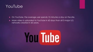 YouTube
 On YouTube, the average user spends 15 minutes a day on the site.
 More video is uploaded to YouTube in 60 days than all 3 major U.S.
networks created in 60 years.
 