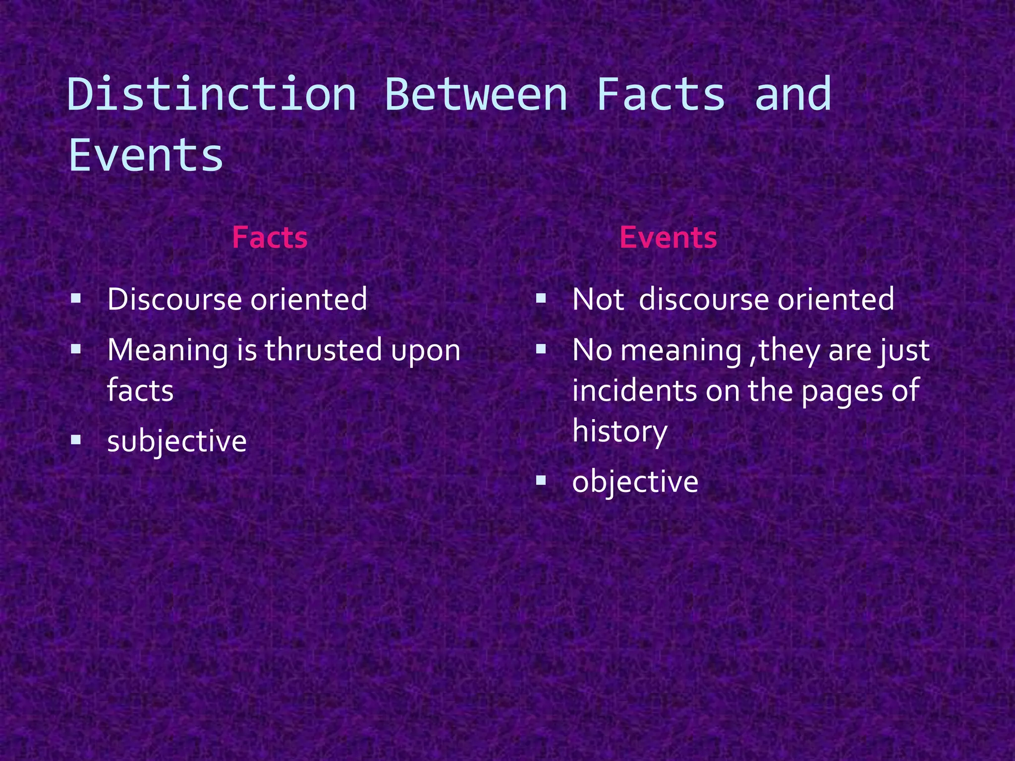 Distinction Between Facts and
Events
Facts Events
 Discourse oriented
 Meaning is thrusted upon
facts
 subjective
 Not discourse oriented
 No meaning ,they are just
incidents on the pages of
history
 objective
 