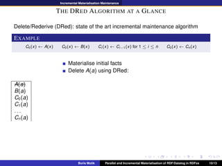 Incremental Materialisation Maintenance
THE DRED ALGORITHM AT A GLANCE
Delete/Rederive (DRed): state of the art incrementa...